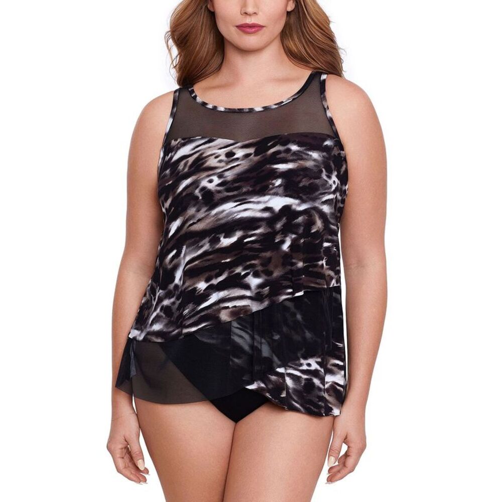 Miraclesuit Womens Plus Size Tempest Mirage Drape-Front Tankini Top 22W Black